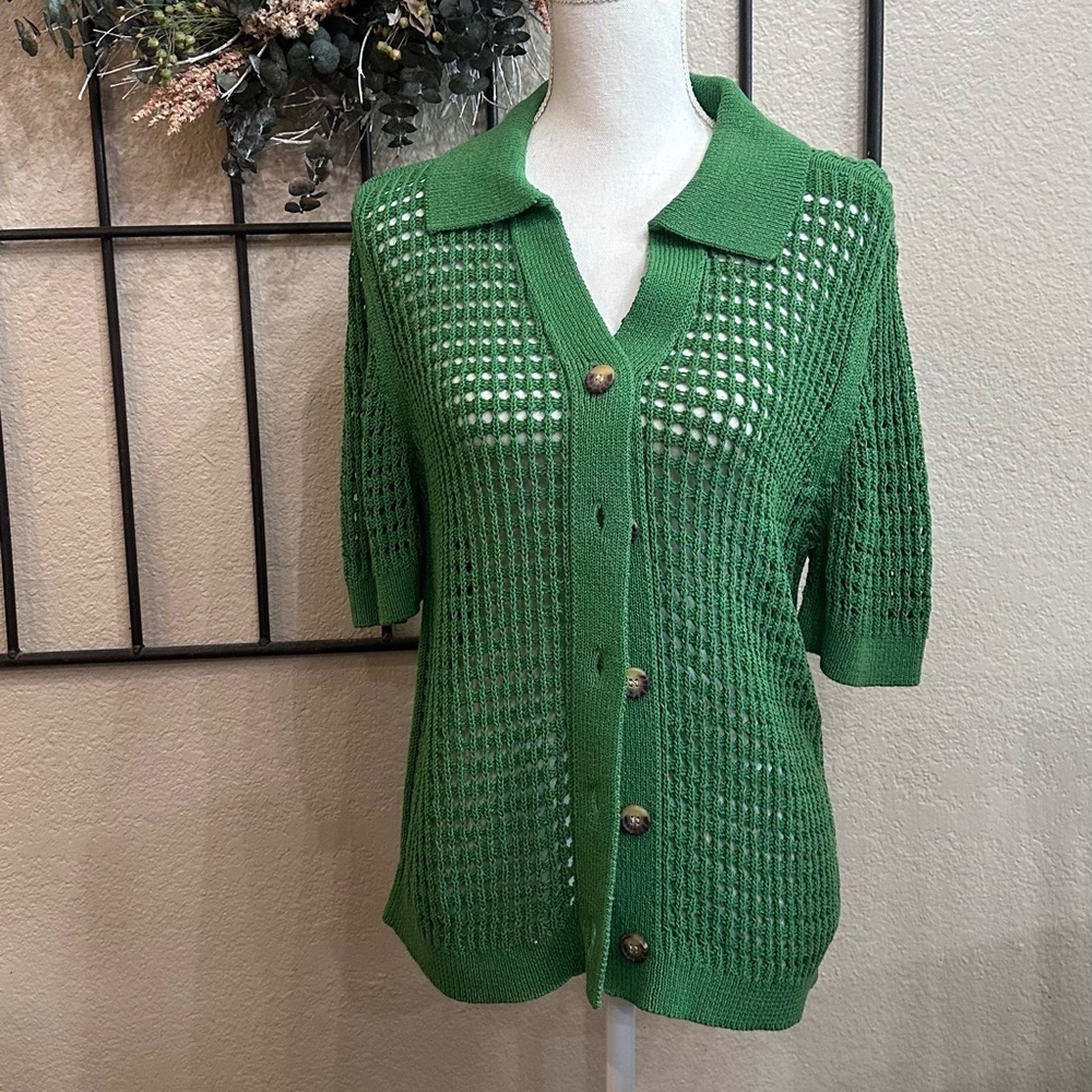 Design 365 Vibrant Green Open-Knit Cardigan Sweater Size Large - Picture 6 of 6